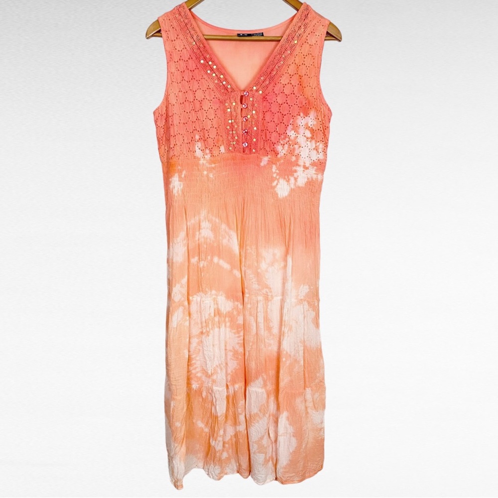 VINTAGE | R.S. Fashion Coastal Coral Tie Dye Embroidered Sequin Sleeveless Dress - Picture 6 of 8